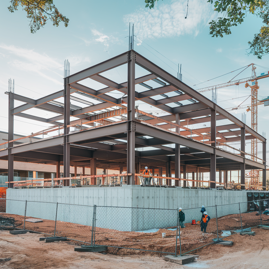 commercial construction site with building in progress, several workers in the foreground
