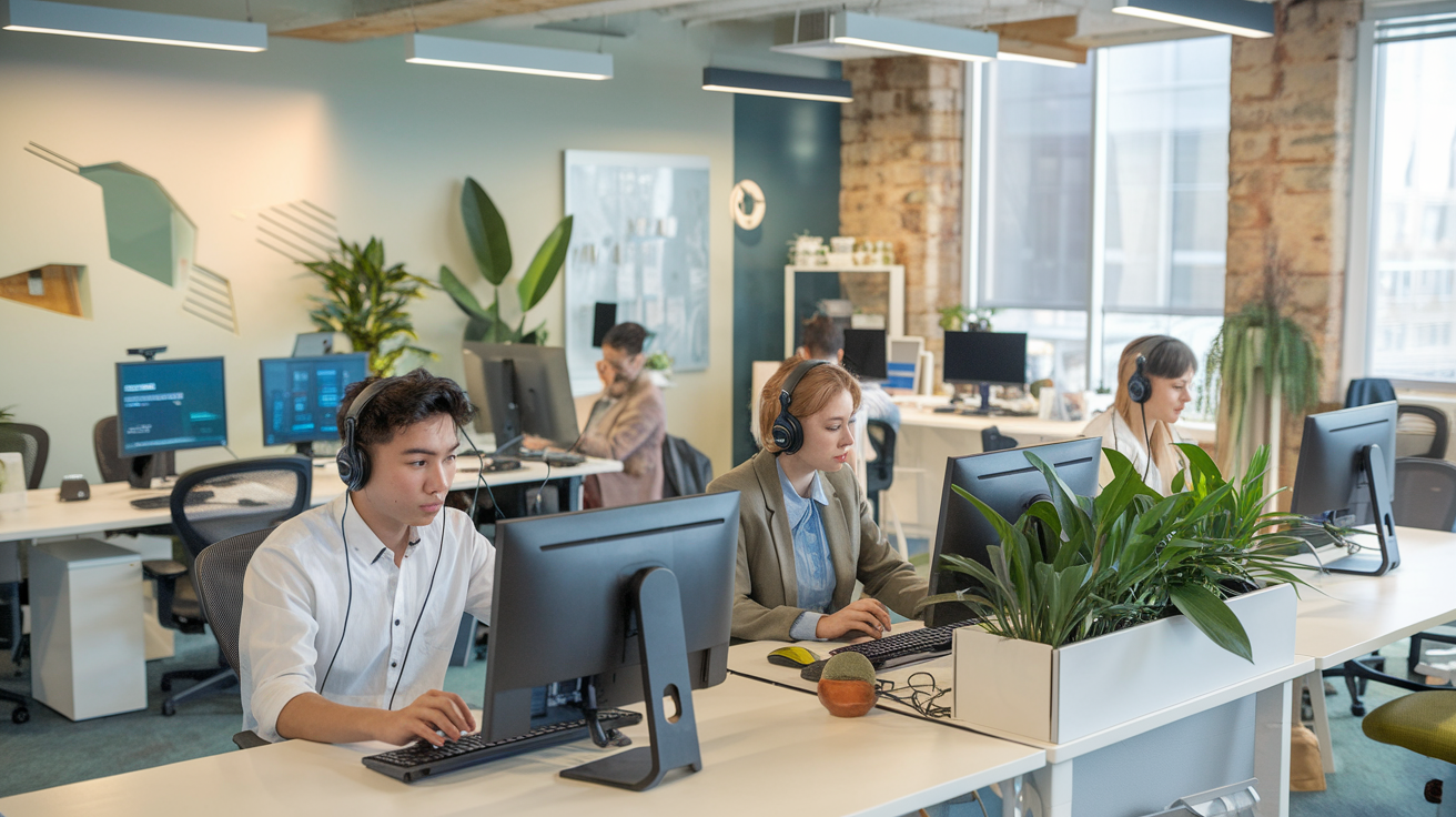 customer service agents sitting behind monitors taking calls for financial services company